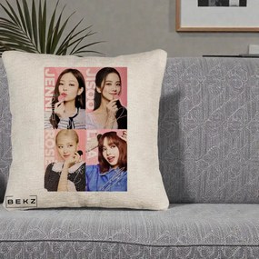 Perna Personalizata K-pop BLACKPINK Colaj 4 Portrete cu Semnature, 40x40 cm, Bej Canapea, Husa Detasabila, Perna Inclusa, BEKZ®