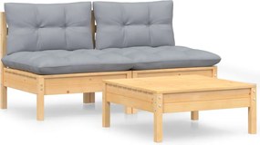 vidaXL Set mobilier de grădină cu perne gri, 3 piese, lemn de pin
