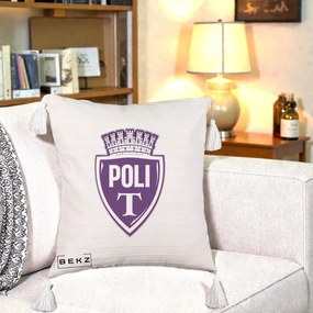 Perna Personalizata Poli Timisoara Fotbal, 40x40 cm, Bej cu Franjuri, Husa Detasabila, Perna Inclusa, BEKZ®