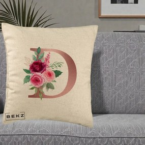 Cadou Personalizat - Perna Personalizata Monograma Rose Gold Litera D, 40x40 cm, Bej, Husa Detasabila, Perna Inclusa, BEKZ®