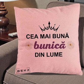 Cadou pentru Bunica - Perna Personalizata Cea Mai Buna Bunica Din Lume Coroana Mov Flori, 40x40 cm, Roz, Husa Detasabila, Perna Inclusa, BEKZ®