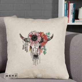 Perna Decorativa Craniu Boho Floral, 40x40 cm, Bej Canapea, Husa Detasabila, Perna Inclusa, BEKZ®