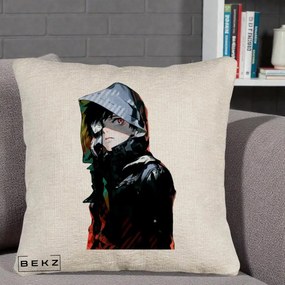 Perna Personalizata Tokyo Ghoul Ken Kaneki cu Masca si Gluga, 40x40 cm, Bej Canapea, Husa Detasabila, Perna Inclusa, BEKZ®
