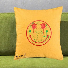 Perna Decorativa Smiley Face Tropical Glitter Roz, 40x40 cm, Galben, Husa Detasabila, Perna Inclusa, BEKZ®