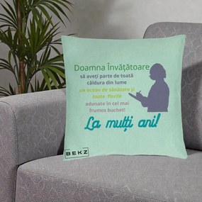 Cadou pentru Invatatoare - Perna Personalizata Doamna Invatatore La Multi Ani cu Silueta si Text Colorat, 40x40 cm, Verde Menta, Husa Detasabila, Perna Inclusa, BEKZ®