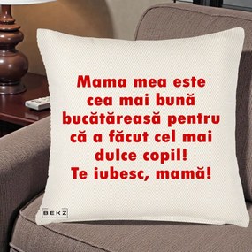 Cadou pentru Mama - Perna Personalizata Mama cea Mai Buna Bucatareasa, 40x40 cm, Crem Reliefat, Husa Detasabila, Perna Inclusa, BEKZ®