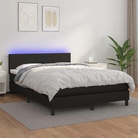 Pat continental cu saltea  LED, negru, 140x190 cm, piele eco Negru, 140 x 190 cm, Design simplu