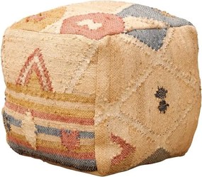 Puf kilim cubic din bumbac și cânepă, multicolor, cu romburi conturate în relief, 50 x 50 x 50 cm, „Summer End”