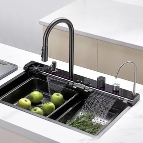 Chiuveta Bucatarie Multifunctionala LS cu LED, Inox, Gri Inchis – Negru 75×45 cm