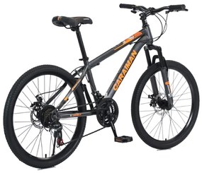 Bicicleta Caraiman, roti 24 sau 26 inch, cadru otel, frane pe disc, negru cu portocaliu, BC37