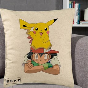 Perna Personalizata Ash si Pikachu, 40x40 cm, Bej, Husa Detasabila, Perna Inclusa, BEKZ®