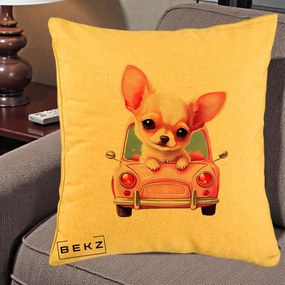 Perna Decorativa Chihuahua Roz in Masinuta, 40x40 cm, Galben, Husa Detasabila, Perna Inclusa, BEKZ®