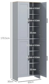 HOMCOM Dulap de bucătărie înălțime 170 cm bufet înalt cu 4 uși și rafturi reglabile, design modern, gri | Aosom Romania