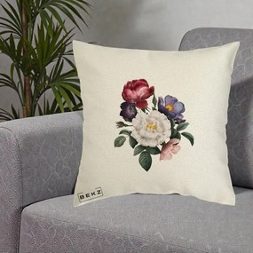 Perna Decorativa Buchet Trandafiri Bujori Botanical, 40x40 cm, Ecru, Husa Detasabila, Perna Inclusa, BEKZ®