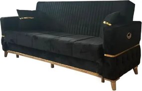 Canapea extensibila cu lada de depozitare 220x90x97 cm – stofa bej, insertii aurii – Vegas