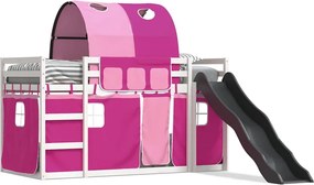 vidaXL Pat supraetajat cu tobogan și perdele, roz, 90x190 cm