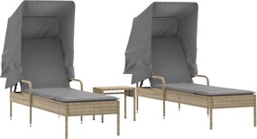 vidaXL Șezlonguri, 2 buc., cu baldachine și masă, bej, poliratan
