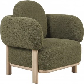 Fotoliu din bumbac bouclé, verde închis, volume rotunjite pe cadru din lemn masiv, 69 x 92 x 79 cm, „Nîmes”