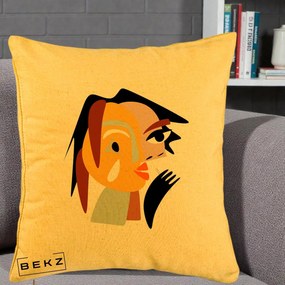 Perna Decorativa Portret Abstract Galben-Ocru, 40x40 cm, Galben, Husa Detasabila, Perna Inclusa, BEKZ®