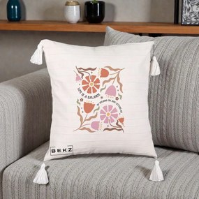Perna Decorativa Life is a Balance Floral, 40x40 cm, Bej cu Franjuri, Husa Detasabila, Perna Inclusa, BEKZ®