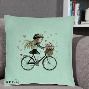 Perna Decorativa Fetita Kawaii pe Bicicleta cu Trandafiri si Inimioare, 40x40 cm, Verde Menta, Husa Detasabila, Perna Inclusa, BEKZ®