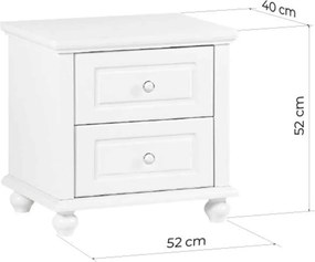 Noptieră lemn masiv alb Elizabeth 2 sertare, 52 × 40 × 52 cm
