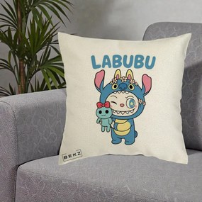 Perna Personalizata Labubu x Stitch cu Flori, 40x40 cm, Ecru, Husa Detasabila, Perna Inclusa, BEKZ®
