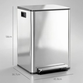 HOMCOM Coș de Gunoi cu 2 Secțiuni, cu Pedală și Capac cu Închidere Lentă, Coș de Deșeuri, 41.8x36.7x58 cm, Argintiu | Aosom Romania