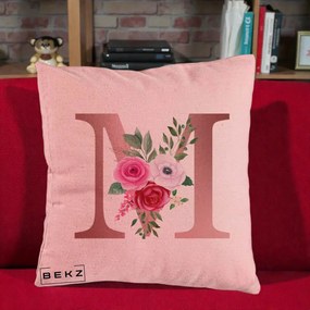 Cadou Personalizat - Perna Personalizata Monograma Rose Gold Litera M cu Trandafiri, 40x40 cm, Roz, Husa Detasabila, Perna Inclusa, BEKZ®