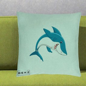 Perna Decorativa Rechin Albastru Cartoon, 40x40 cm, Verde Menta, Husa Detasabila, Perna Inclusa, BEKZ®
