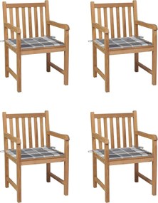 vidaXL Scaune grădină, perne gri model carouri, 4 buc., lemn masiv tec