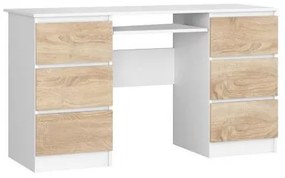 Birou calculator, placa laminata, 6 sertare, 1 raft, alb si stejar, 135x50x77 cm