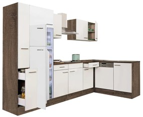 Mobilă de bucătărie de colț Yorki 310, corp din stejar Yorki, față alb satinat, frigider cu congelator superior