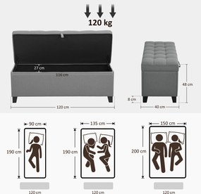 HOMCOM Bancă de depozitare 112 L, banchetă la picioarul patului din material tip in, șezut capitonat, 120 x 40 x 48 cm, gri închis | Aosom Romania