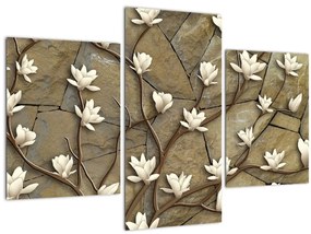 Tablou - Magnolii albe pe zidărie de piatră (90x60 cm)