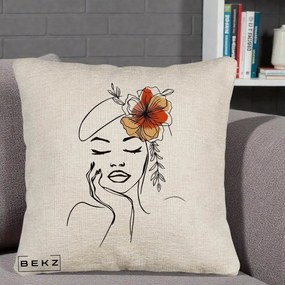 Perna Decorativa Portret Feminin Flori Palarie, 40x40 cm, Bej Canapea, Husa Detasabila, Perna Inclusa, BEKZ®