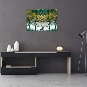 Tablou pe sticlă - Căprioare în pădurea verde (70x50 cm)