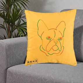 Perna Decorativa Bulldog Francez Line Art Curcubeu, 40x40 cm, Galben, Husa Detasabila, Perna Inclusa, BEKZ®