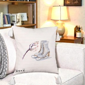 Perna Decorativa Patine cu Ramuri Inzapezite, 40x40 cm, Bej cu Franjuri, Husa Detasabila, Perna Inclusa, BEKZ®