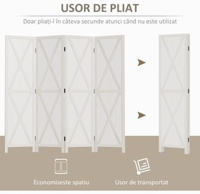 HOMCOM Paravan Interior cu 4 Panouri Pliabile din Lemn, 182x170 cm, Alb | Aosom Romania