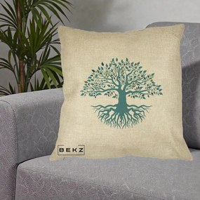 Perna Decorativa Copacul Vietii Teal cu Radacini, 40x40 cm, Crem, Husa Detasabila, Perna Inclusa, BEKZ®