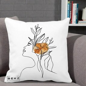 Perna Decorativa Portret Feminin Floare Portocalie Lateral, 40x40 cm, Alba Mata, Husa Detasabila, Perna Inclusa, BEKZ®