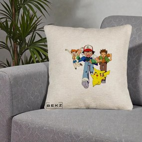 Perna Personalizata Pokemon Ash Misty Brock si Pikachu, 40x40 cm, Bej Canapea, Husa Detasabila, Perna Inclusa, BEKZ®