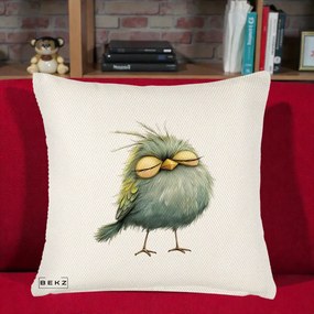 Perna Decorativa Pasare Teal Adormita cu Ochi Galbeni, 40x40 cm, Crem Reliefat, Husa Detasabila, Perna Inclusa, BEKZ®