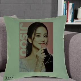 Perna Personalizata K-pop BLACKPINK Jisoo cu Semnatura si Fond Roz, 40x40 cm, Verde, Husa Detasabila, Perna Inclusa, BEKZ®