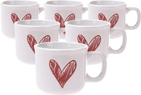 Set de 6 căni ceramice Inimioară II, 90 ml, roșu