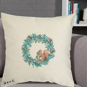Perna Decorativa Coroana Turcoaz cu Veverita, 40x40 cm, Ecru, Husa Detasabila, Perna Inclusa, BEKZ®