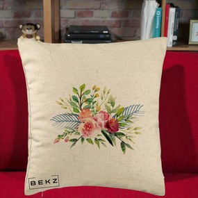 Perna Decorativa Buchet Flori Acuarela Roz-Verde, 40x40 cm, Bej, Husa Detasabila, Perna Inclusa, BEKZ®