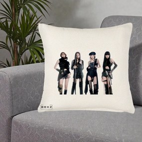 Perna Personalizata K-pop BLACKPINK Tinute Negre Elegante Grup, 40x40 cm, Crem Reliefat, Husa Detasabila, Perna Inclusa, BEKZ®