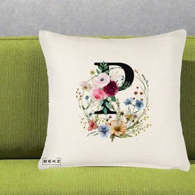 Cadou Personalizat - Perna Personalizata Monogram Litera P cu Flori Acuarela, 40x40 cm, Crem Reliefat, Husa Detasabila, Perna Inclusa, BEKZ®